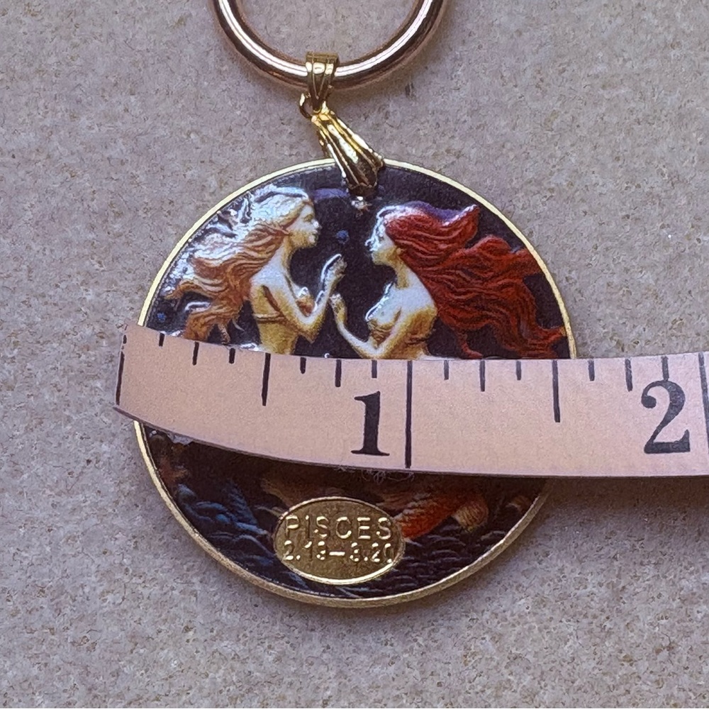 Artisan Handmade Gold Blue Pisces Mermaid Zodiac Coin Reversible Necklace Set - Picture 11 of 13